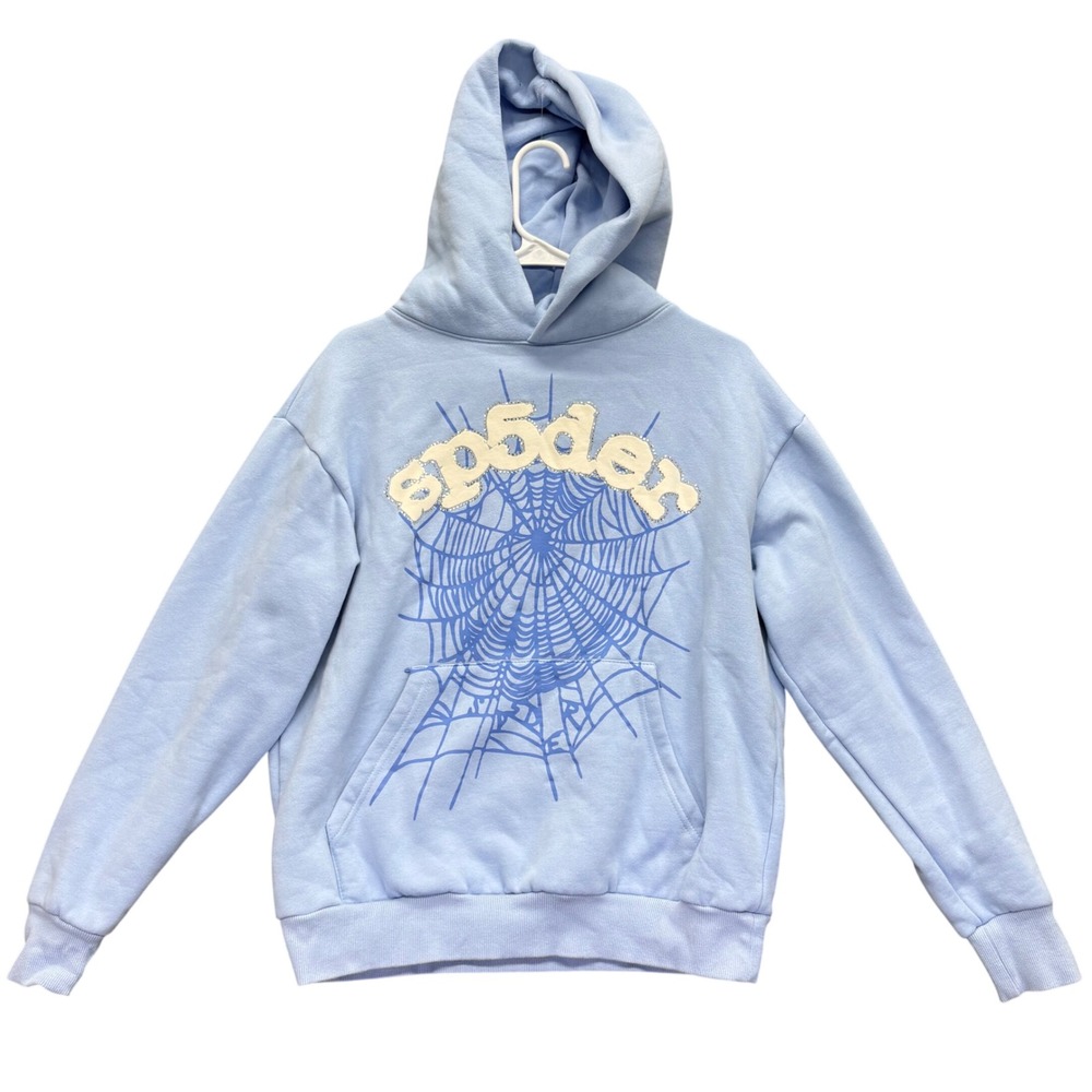 Sp5der Hoodie Mens S Light Blue Graphic Web Pullover Streetwear Sweatshirt